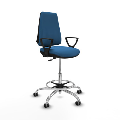 Taburete Elche CP similpiel azul claro brazos fijos base cromada ruedas 65mm engomadas
