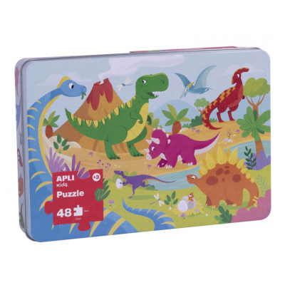 Apli Kids Puzle Dinosaurios - 48 Piezas de 5.5x6cm - Caja Metalica Rectangular - Diseño Exclusivo Infantil, Colorido, Claro y Simple - Piezas Resistentes y Seguras - Grosor de 2mm con Acabado Brillant