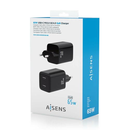 AISENS - CARGADOR GaN 65W, 2xUSB-C PD3.0 QC4.0, NEGRO