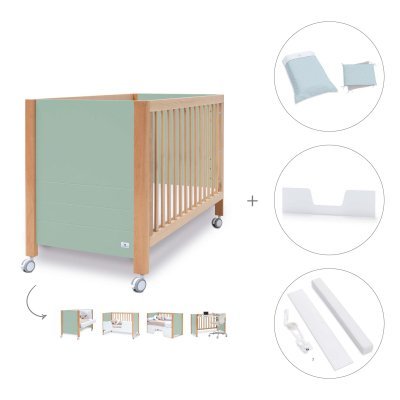 Cuna-escritorio madera/verde-menta (5en1) 60x120 cm + textil Mint · Ombra