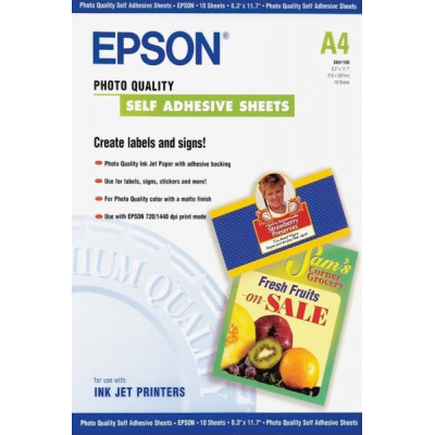Epson Photo Quality Self Adhesive Pack de 10 Hojas Autoadhesivas - A4 - Gramaje de 167g/m2 - Calidad Fotografica - Mate - Compatible con Impresoras Inkjet - Color Blanco