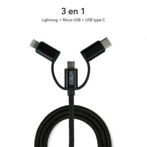 Cargador de Coche Subblim SUB-CHG-4CC002/ 2xUSB + Cable USB 3 en 1/ 12W/ Negro