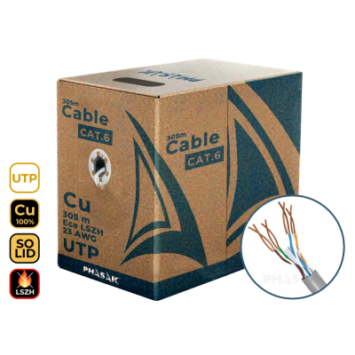 Bobina Cobre 100% Sólido UTP Certificada LSZH AWG24 Cat.6 305 m cable de red - PHR 652