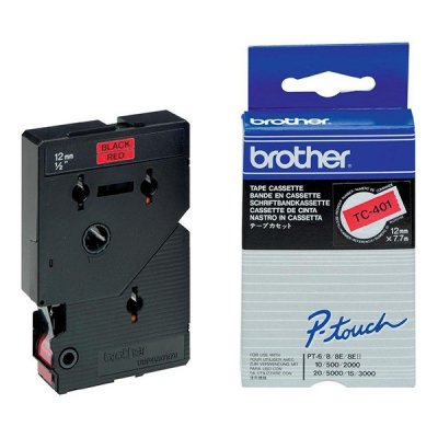 Cinta laminada original Brother TC401 - Texto negro sobre fondo rojo | Ancho 12mm x 7m | Compatible con rotuladoras Brother