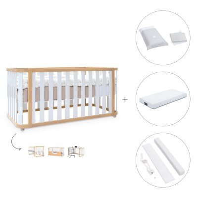 Cuna-cama colecho 70x140 cm madera/blanca (4en1) + colchón + textil Galaxy · Crea Plus Due Life