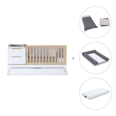 Cuna convertible blanco/madera 70x140 cm con cajón inferior + colchón + textil Stone Grey · Zen K460
