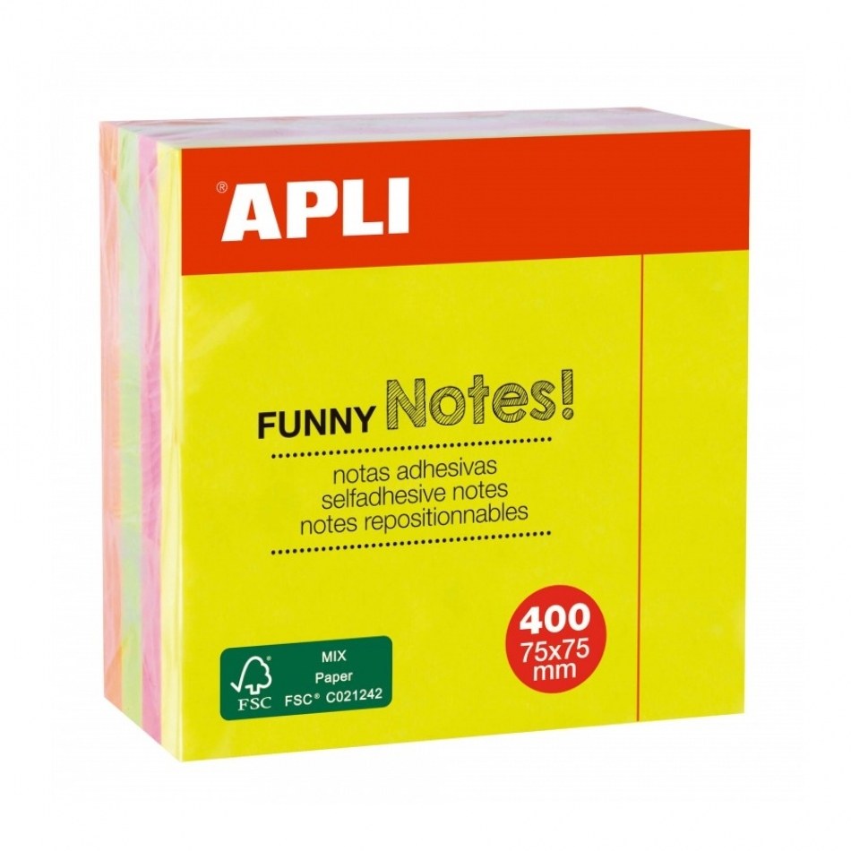 Apli Funny Cubo de 400 Notas Adhesivas 75 x 75 mm - Colores Surtidos Fluorescentes