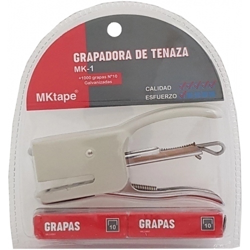 MKtape MK1 Pack de Grapadora de Tenaza Mini + 1000 Grapas Nº 10 - Hasta 12 Hojas - Color Blanco
