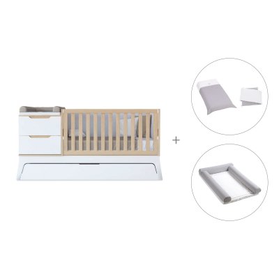 Cuna convertible blanco/madera 70x140 cm con cama nido + textil Carezza · Zen K460