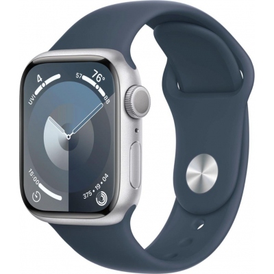 Apple Watch Series 9/ GPS/ 41mm/ Caja de Aluminio Plata/ Correa Deportiva Azul Tempestad S/M