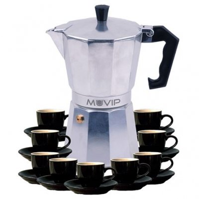 Muvip MV0605 Cafetera de Aluminio - Capacidad 9 Tazas - Mango de Baquelita Termoresistente Ergonomico - Apta para Placas Electricas, Vitroceramicas, Gas e Induccion - Color Aluminio