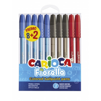 Carioca Fiorella Pack 8+2 Boligrafos Punta de Bola Ø 1mm - Cuerpo Transparente - Escritura Brillante y Colorida - Colores Surtidos