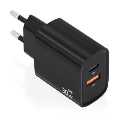 AISENS - CARGADOR GaN 30W, 1xUSB-C PD3.0 QC4.0, 1xUSB-A QC3.0, NEGRO