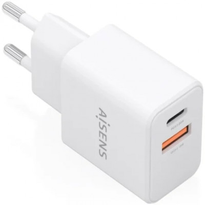 Cargador de Pared GaN Aisens A110-1025/ 1xUSB Tipo-C/ 1xUSB/ 20W/ Blanco