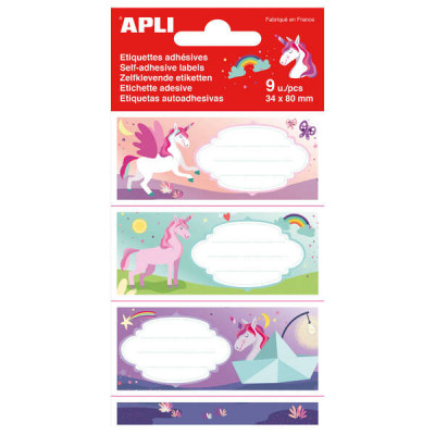 Apli Etiquetas Adhesivas Escolares Unicornios - Tamaño 81x36mm - 9 Etiquetas (3 por Diseño) - Adhesivo Permanente de Alta Calidad - Ideal para Marcar e Identificar Libros, Cuadernos, Carpetas, Etc - C