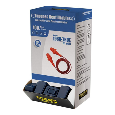 Expositor 100u tapon auditivo fit basic reutilizable con cordón snr 25 db con cajita de almacenamiento. 1988trcen/u steelpro