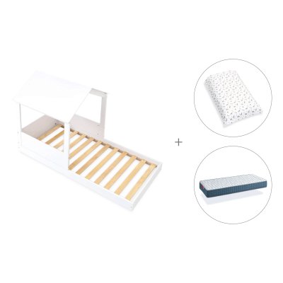 Cama-casita Montessori 90x190 cm + colchón + textil Natura · Bianca Tre