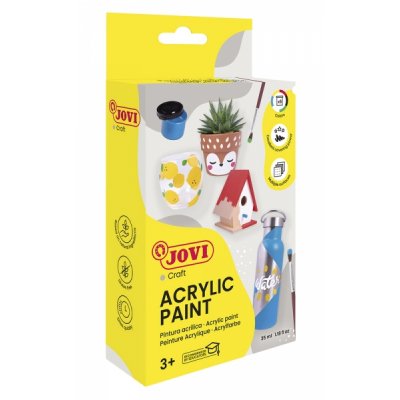Jovi Pintura Acrilica Estuche con 6 Botes + Pincel - Acabado Satinado - Alto Poder Cubriente - Aplicacion Facil - Resistente al Agua y Jabon - Color Surtido