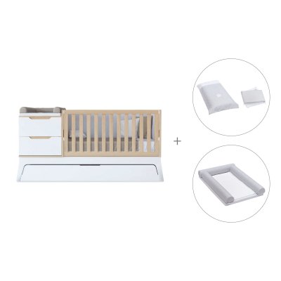 Cuna convertible blanco/madera 70x140 cm con cajón inferior + textil Galaxy · Zen K460