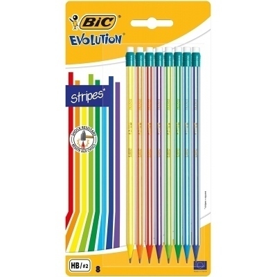 Bic Evolution Stripes Pack de 8 Lapices de Grafito Hexagonales con Goma de Borrar - Mina HB Ultraresistente - Fabricados en Resina Sintetica - Cuerpo de Colores Surtidos