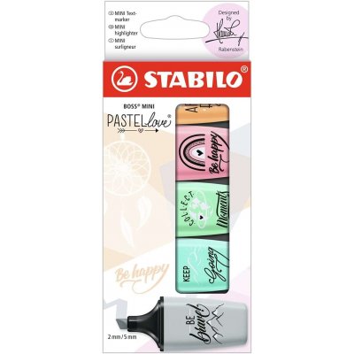 Stabilo Boss Mini Pastellove Pack de 5 Marcadores Fluorescentes - Trazo entre 2 y 5mm - Tinta con Base de Agua - Antisecado - Colores Rosa, Naranja, Verde, Gris, y Turquesa