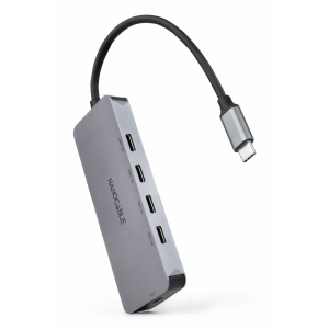 Nanocable - Hub USB-C macho a 4 x USB-C hembra + USB-C PD 100W, Aluminio 10 cm, Gris