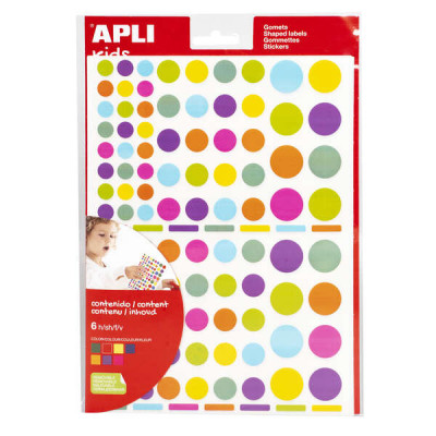 Apli Gomets Redondos Adhesivo Removible - Ø 10mm, Ø 14mm y Ø 20mm - 624 Gomets por Bolsa - Desarrollo de Habilidades y Creatividad - Adhesivo Base Agua - Libre de Disolventes - Colores Surtidos