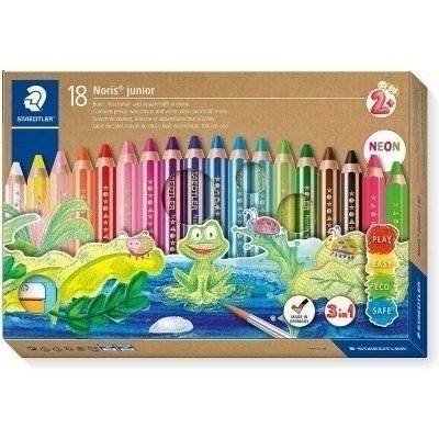 Staedtler Noris Junior Pack de 18 Lapices de Colores Extragruesos + Sacapuntas - 3 en 1, Lapiz, Cera y Acuarelable - Colores Surtidos