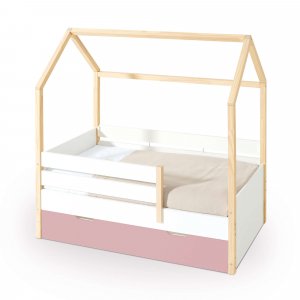 Cama-casita Montessori 70x140 cm madera con cajones rosa · Sogni