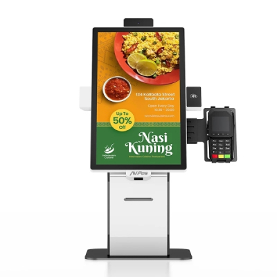 AVPos Kiosko Autoservicio Sobremesa DK22 - 22 Pulgadas Tactil - I3 10th - 8GB Memoria - SSD 256GB - Escaner 2D - Impresora Termica - WIFI - Color Blanco y Negro