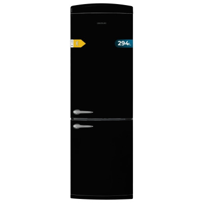 Cecotec Bolero CoolMarket Combi Origin 294+ Black E Frigorifico Combi - Capacidad 294L - Congelacion Ultrarapida - Estilo Retro - Frio Envolvente - Clase E - 60.5x63.1x190.2cm - Color Negro