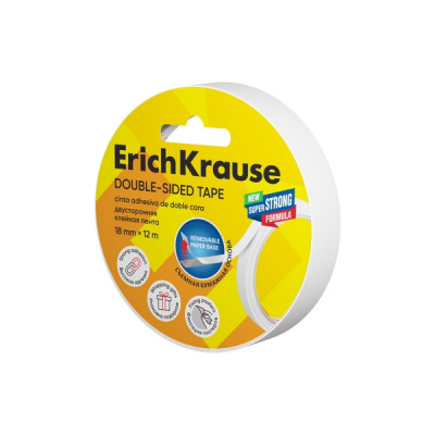 ErichKrause Cinta Adhesiva de Doble Cara - 1mm de Grosor - 18mm de Ancho - 12 Metros - Alta Adhesion - Base de Papel Extraible - Color Transparente
