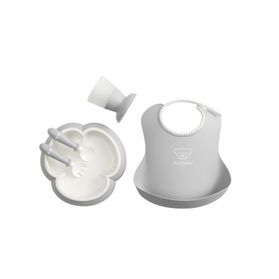 Vajilla con babero BabyBjörn, 5 piezas Color: Gris
