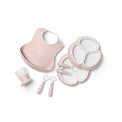 Vajilla Completa con Babero BabyBjörn, 8 piezas Color: Rosa Pastel