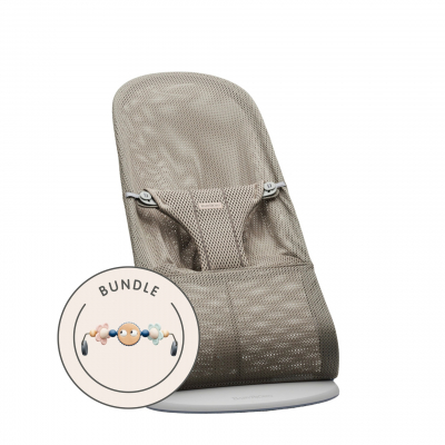 Pack de Hamaca Bliss BabyBjörn Material: Tejido Mesh, Color: Gris Beige, Tamaño: Pack con Juguete Ojitos Traviesos Pastel