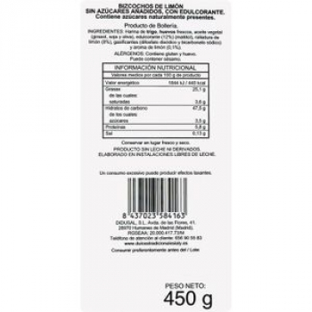 Bizcochos de Limon sin Lactosa sin Azúcar sin Leche Laly 450g. Desayuno y dulces Bolleria
