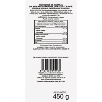 Bizcocho de Naranja sin Lactosa sin azúcar sin Leche Laly 450g. Desayuno y dulces Bolleria