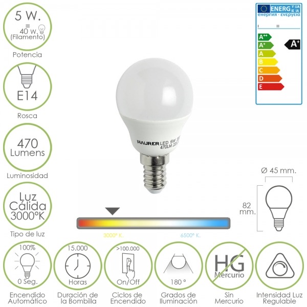 Bombilla Led Esferica Regulable Rosca E14 5 W. 40 W. 470 lumenes Luz Cálida