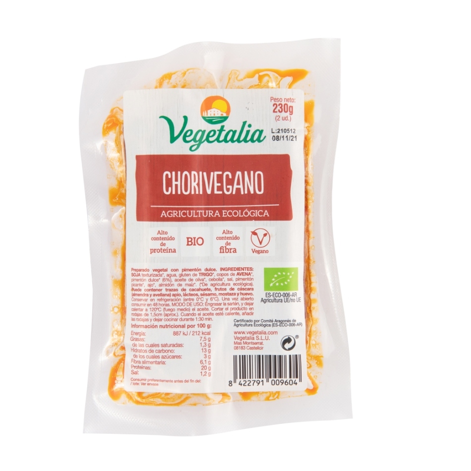Chorivegano Preparado vegetal tipo Chorizo bio 200gr Vegetalia