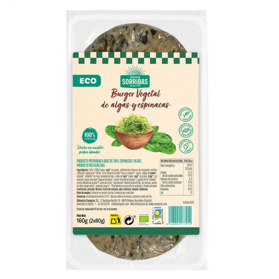 Burger algas y espinacas 160gr Eco Vegano Obrador sorribas
