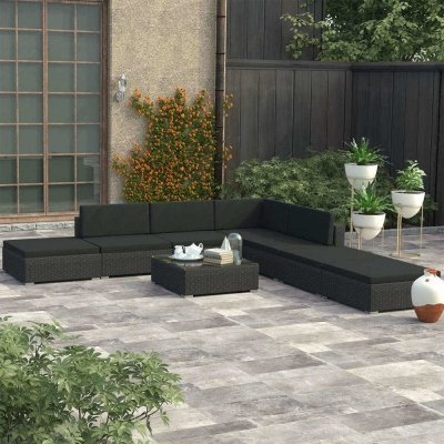 Set muebles de jardín 8 piezas y cojines ratán sintético negro