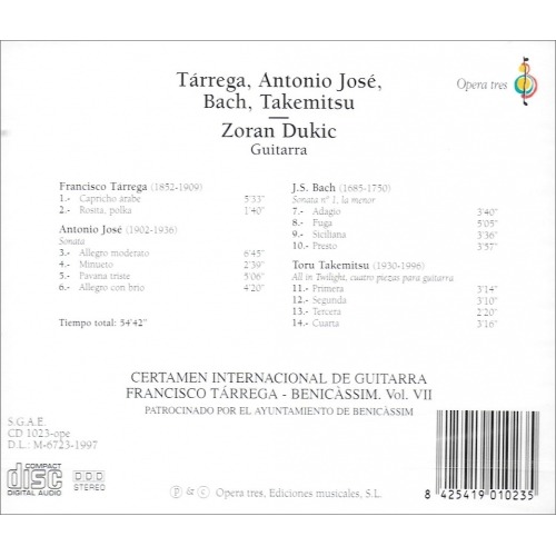 Tarrega, Antonio Jose, Bach, Takemitsu