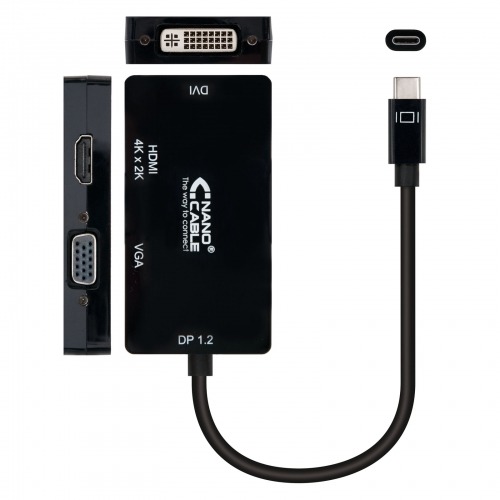 Nanocable Conversor USB-C a VGA / DVI / HВЬШ, 3 En 1. USB-C/M-VGA/H-DVI/H-HDMI/H 4K, Negro, 10 cm