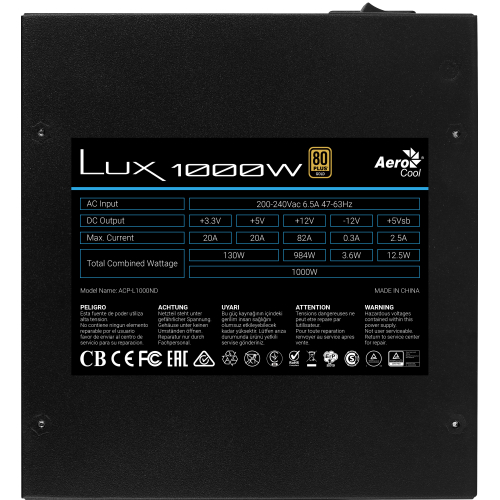 Aerocool LUX1000 Fuente Alimentación PC 1000W 80 Plus Gold 90% Eficiencia Negro