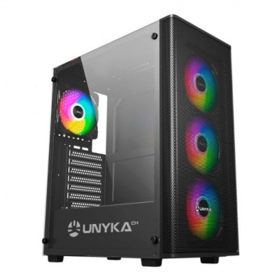UNYkach Mir 100 Caja ATX Gaming Cristal Templado Lateral y 4 Ventiladores ARGB Negra