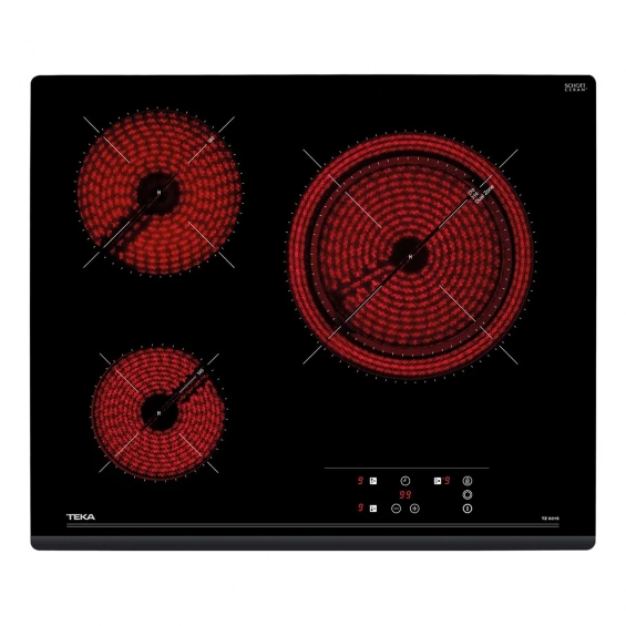 Placa vitrocerámica Teka TZ 6315, 60 cm, 3 zonas, bisel frontal, control táctil, zona gigante 27 cm, programable, 5400W, ref. 40239030, cristal negro