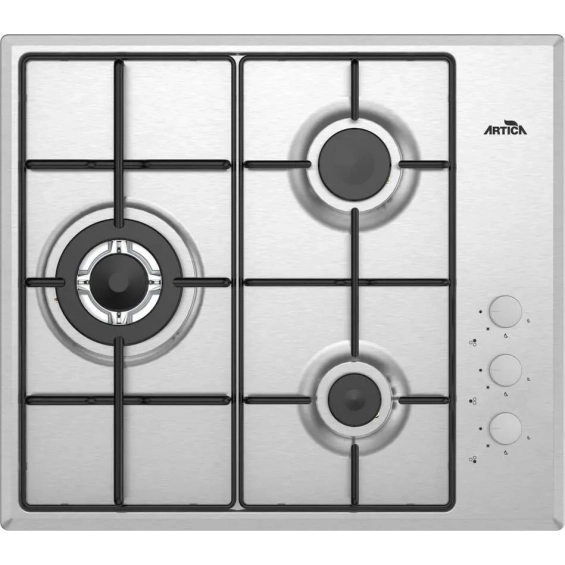 Placa de gas butano Artica AXG6030, 3 zonas, 60 cm, 6150W, Termopar Seguridad, autoencendido, inox