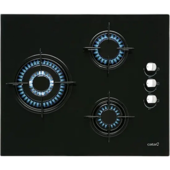 Placa de gas butano Cata CIB 6021 BK, 3 zonas, 59 cm, Cristal Gas, 6250W, quemador y parrillas esmaltadas, autoencendido, válvula de seguridad, ref: 08068402, color negro