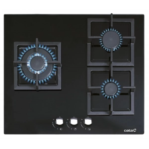 Placa de gas natural y butano Cata SCI 6021 BK, 3 zonas, Cristal Gas, 6250W, ref. 08068405, cristal negro