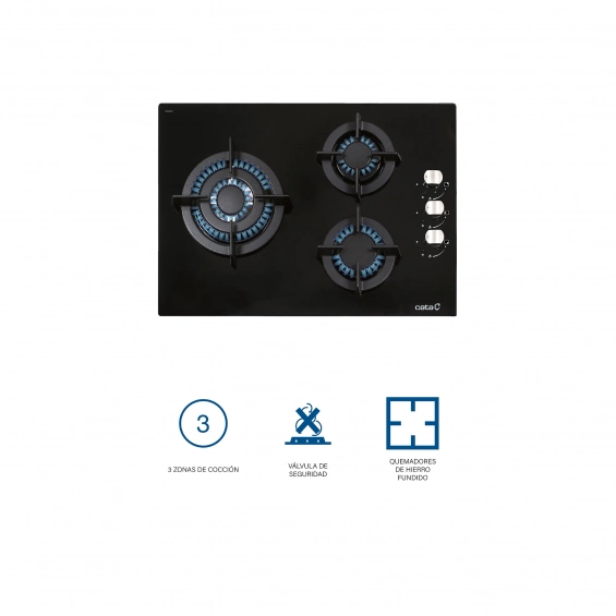 Placa de gas Cata CCI 5003 BK, 3 zonas, Cristal Gas, 6250W, ref. 08041505, cristal negro - imagen 4